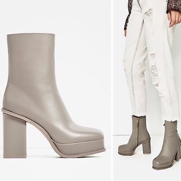 New Zara Grey Leather Ankle Boots Lined 